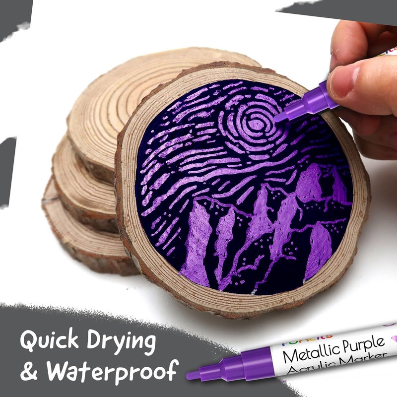 Funcils 5 Metallic Acrylic Purple Paint Pen - Extra Fine Tip, Thin & Jumbo (1mm, 3mm, 6mm, 10mm, 15mm) - Markers for Fabric, Metal, Plastic, Canvas, Wood, Rock Painting, Glass, Purple Permanent Marker - Image 4